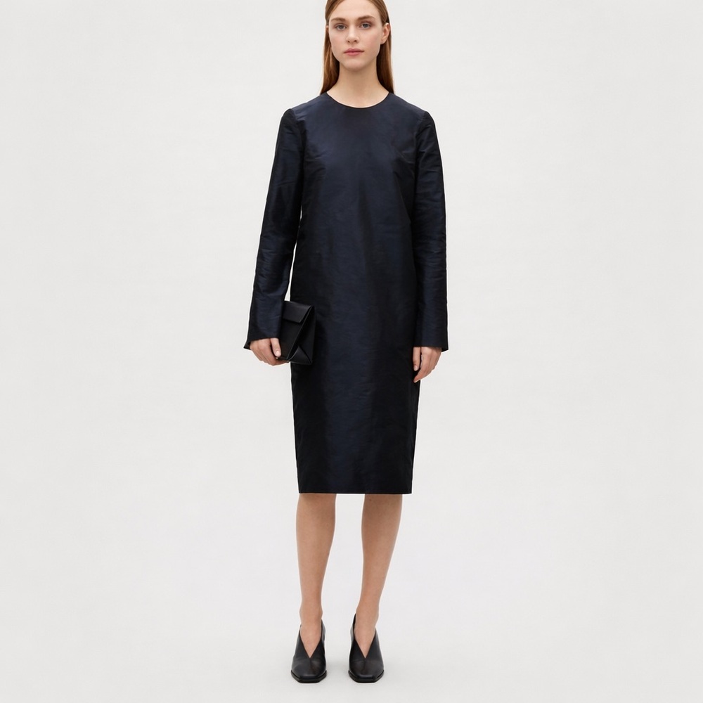 COS Navy Blue Metallic Long-Sleeve Midi Dress | Back Zip | NWT | Size 2